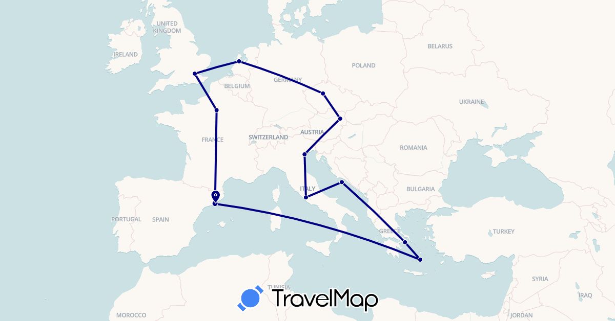 TravelMap itinerary: driving in Austria, Czech Republic, Spain, France, United Kingdom, Greece, Croatia, Italy, Netherlands (Europe)